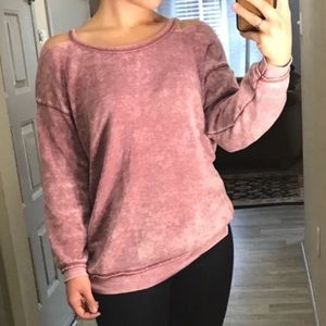 Pink cold shoulder soft top.